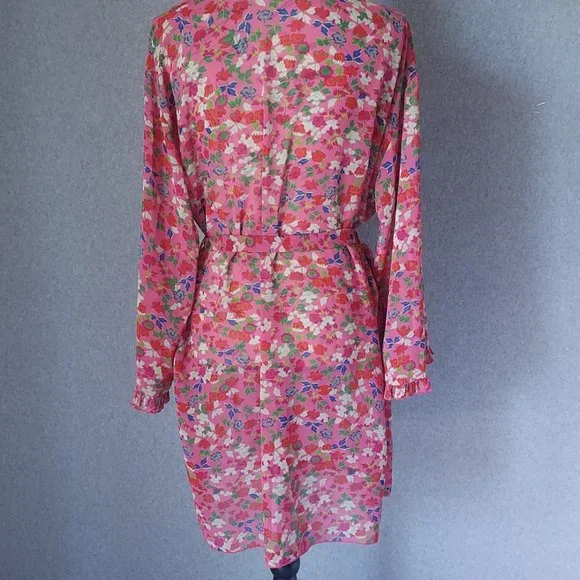 JOSIE Natori Chiffon Floral Ruffle Kimono Mini Robe Tie-Waist Pink Women Small - Picture 4 of 9